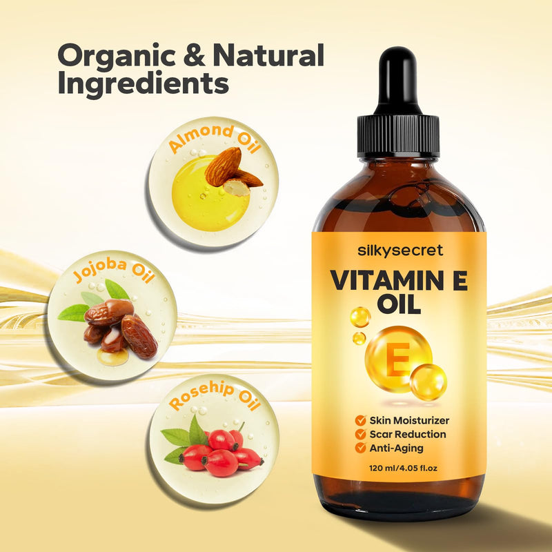 SilkySecret Organic Vitamin E Oil (4.05 Fl Oz), 50,000 IU Face and Body Moisturizer with Almond, Jojoba, and Rosehip Oils, Skincare & Face Moisturizer for Healthy Radiant Skin