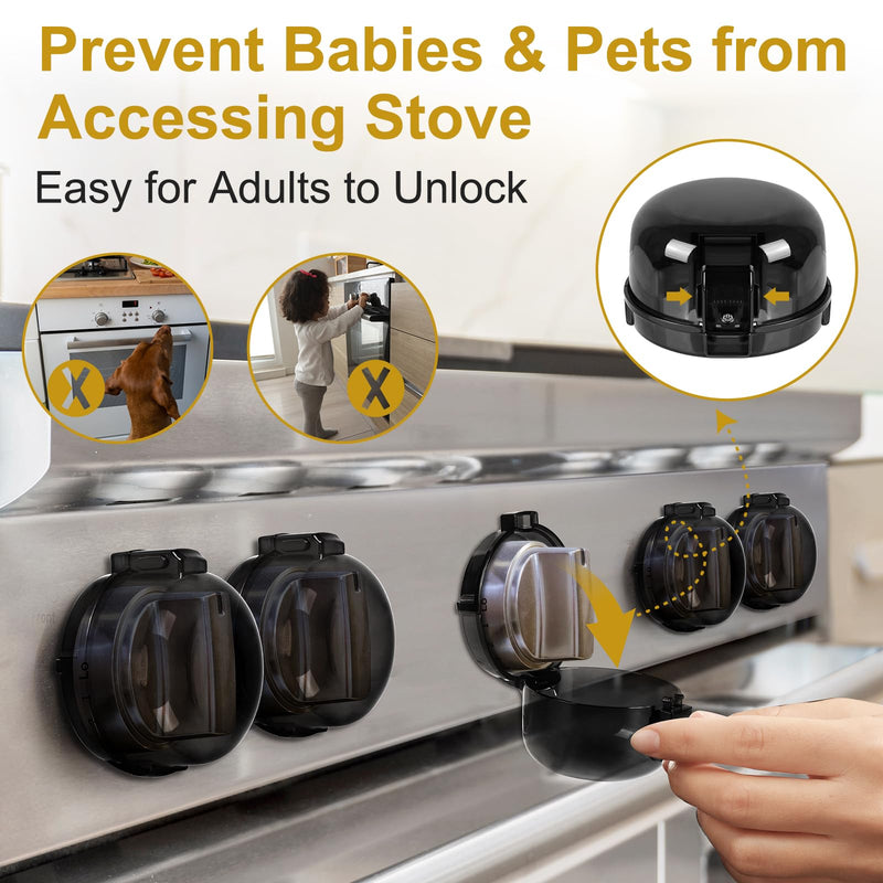 [Australia] - 5-Pack Stove Knob Covers for Child Safety - Universal Size Gas Stove Knob Covers with Adhesive, Heat-Resistant Baby Proof Stove Knob Covers, Dual-Key Oven Knob Covers for Child Safety and Pet (Black) 