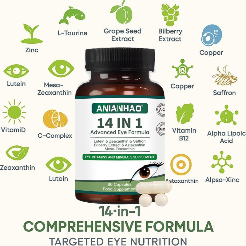 14 in 1 Advanced Eye Formula Eye Vitamins, areds 2 Eye Supplement – Eye Vitamin and Mineral Supplement with Lutein, Zeaxanthin, Zinc & Bilberry Extract – Vision & Focus Support, 60 Capsules