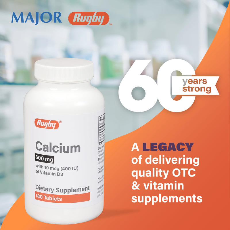 Rugby 600mg Calcium Tablets - Made with 10mcg (400IU) of Vitamin D3 - Dietary Supplement - 180 Count (2 Pack) 180 Count (Pack of 2)