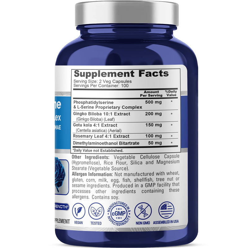 Phosphatidylserine Memory Ultimate Complex,1000mg, 200 Veg Caps -100 Serves | Vegan, Non GMO, 10:1 gingko Biloba, 4:1 Gotu kola, 4:1 Rosemary & DMAE, Suitable for Adults, Made in cGMP Facility USA 200 Count (Pack of 1)