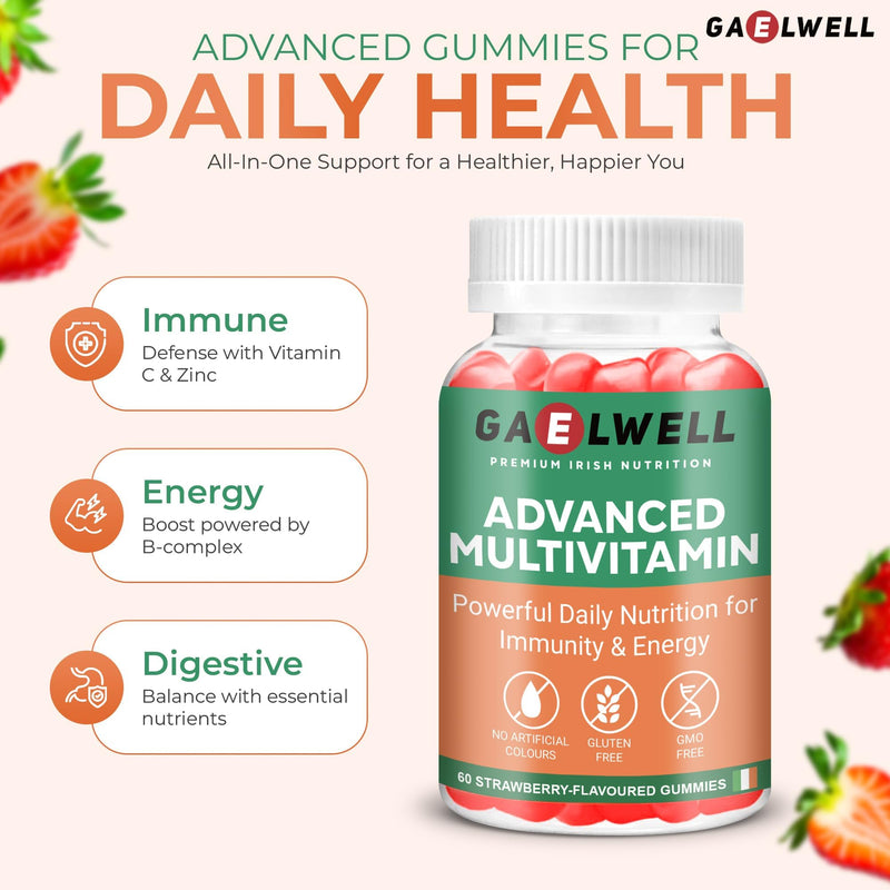 Multivitamin Gummies for Adults | 12 Essential Vitamins & Minerals with B-Complex, Zinc & Magnesium | Gluten & Sugar Free | Daily Supplement | Strawberry Flavour | 60 Gummies Gaelwell®