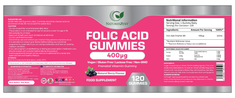 Folic Acid Gummies 400μg – 120 Chewable Gummies- High Strength Prenatal Vitamins for Women, Conception & Pregnancy Support |Vegan, Non-GMO | Fertility Supplements for Women | Natural Berry Flavour