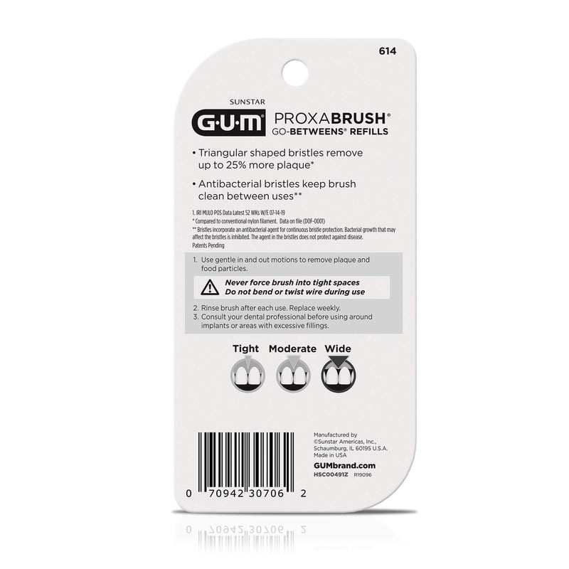 GUM Proxabrush Go-Betweens Refills - Wide - Compatible with GUM Permanent Handle - Reusable Interdental Brushes - Soft Bristled Dental Picks, 16ct 16 Count (Pack of 1)