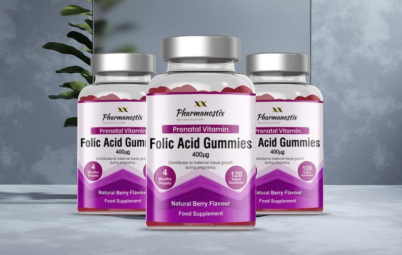 Pharmanostix Folic Acid 400μg Pregnancy Gummy - Vitamin B9 Prenatal Conception - 120 Natural Berry Flavour Vegan Gummies to Support Health Pregnancy & Foetus Development - GMO & Allergens Free