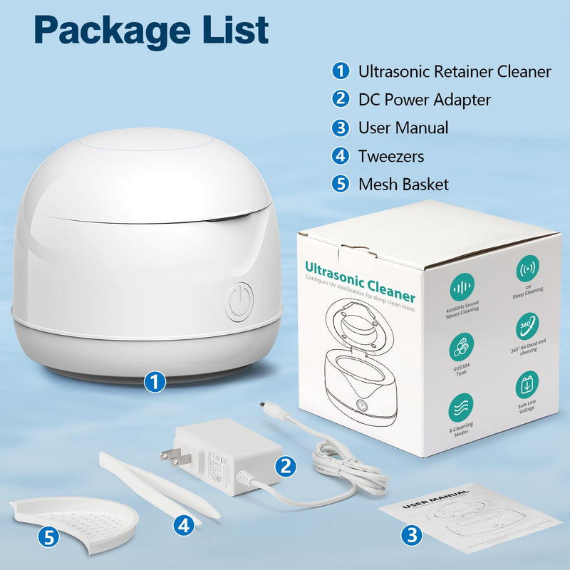 [Australia] - Retainer Cleaner Machine, 45kHz/25W Denture Cleaner, 2 Modes Mouth Guard Cleaner for Aligner, Night guard, Braces, and Jewelry Cleaner (White) White 