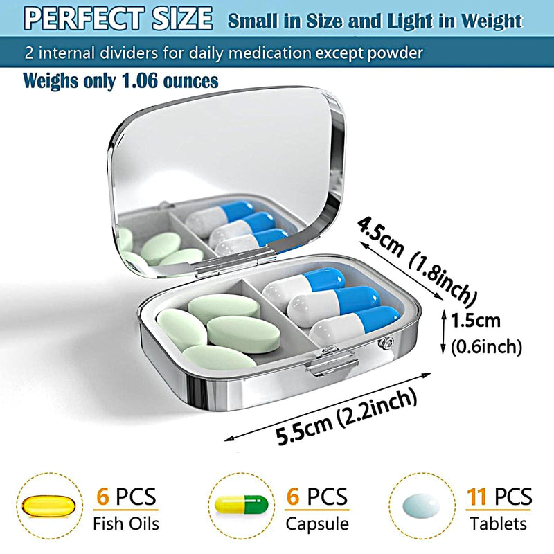 ABLESKY Pill Box, 2 Compartment Pill Organizer Case for Pocket or Purse, Small Portable Metal Travel Medicine Box with Mirror, Daily Vitamins Fish Oil Container-Cherry Pink Bow with Red Lips Cherry Pink Bow With Red Lips