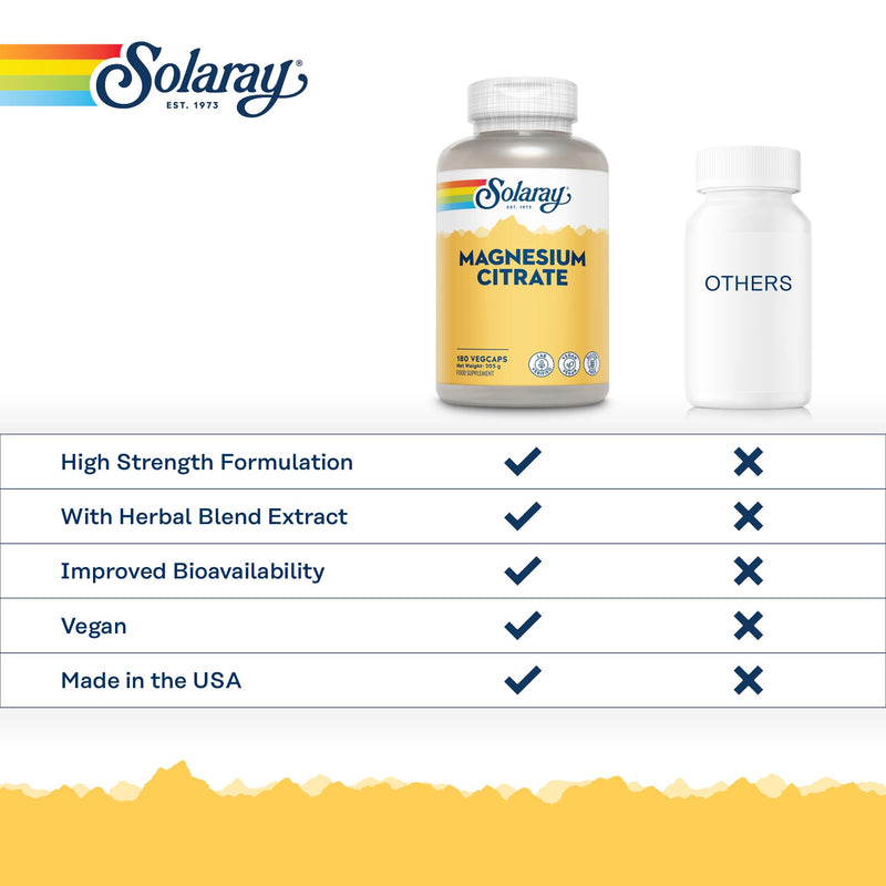Solaray Magnesium Citrate 400mg Elemental Magnesium per Serving - 180 Vegan Capsules - High Strength Supplement - Energy, Muscle, Nervous System Support - Lab Verified