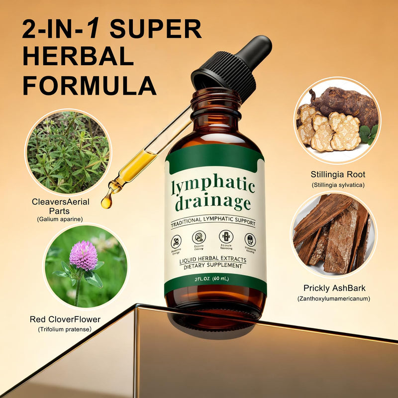 Lymphatic Drainage Drops – Herbal Lymph Support with Cleavers, Red Clover, Stillingia Root & Prickly Ash Bark – Natural Fluid Balance & Detox Drops – Glycerin Base, 60ml