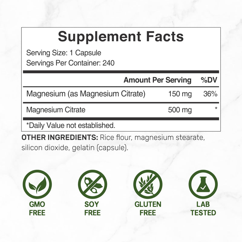 [Australia] - DEAL SUPPLEMENT Magnesium Citrate 500mg, 240 Capsules | Easily Absorbed, Purified Trace Mineral – Muscle, Heart, & Digestive Support – One a Day, Non-GMO 