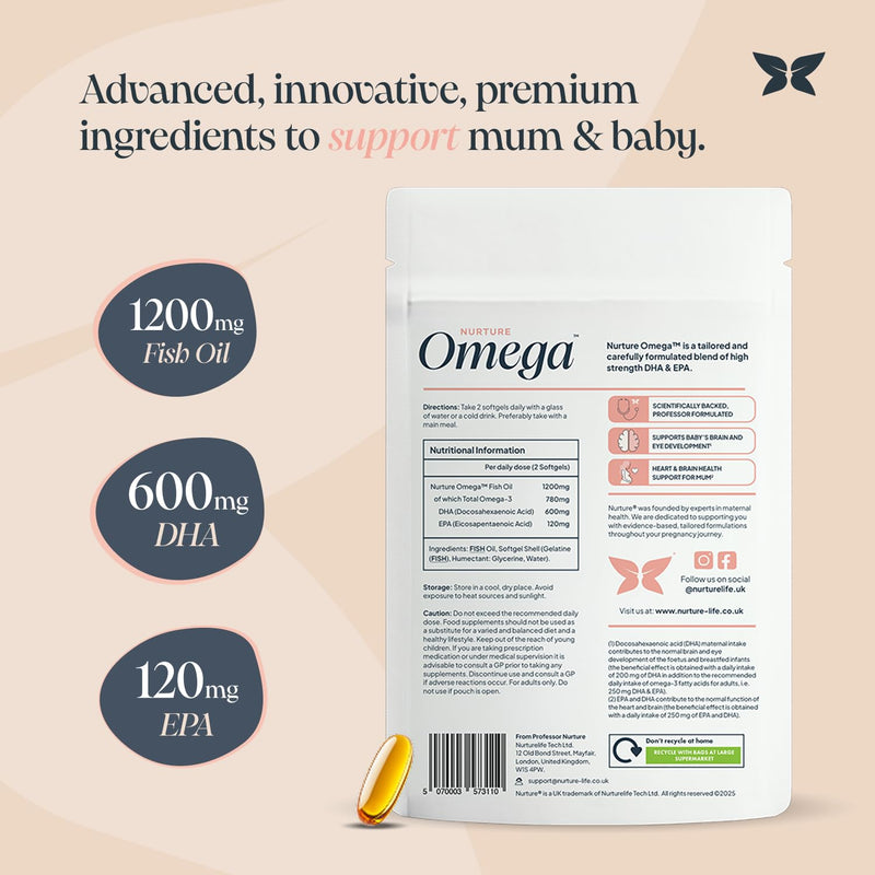 Nurture® Pregnancy Omega 3 | 600mg DHA & 120mg EPA Proven 5-1 Formula | Professor Formulated | Supports Baby Brain & Eye Development | Prenatal, Fertility & Breastfeeding | 56 Softgels | Made in UK