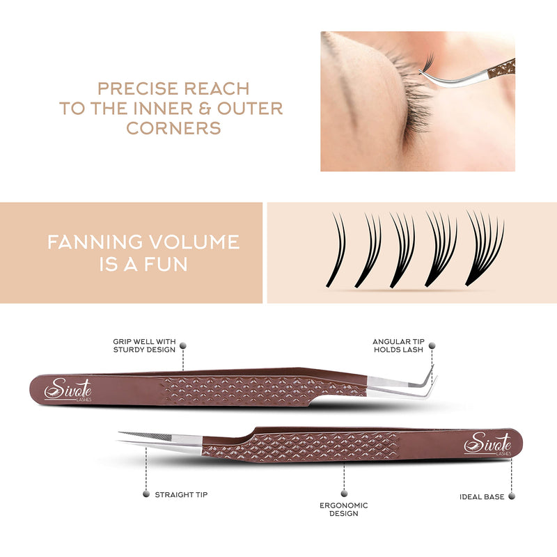 SIVOTE Lash Extension Tweezers Fiber Tips, Set of 4, Curved, Dolphin, 90 Degree & 45 Degree Tweezer, Chocolate Choco