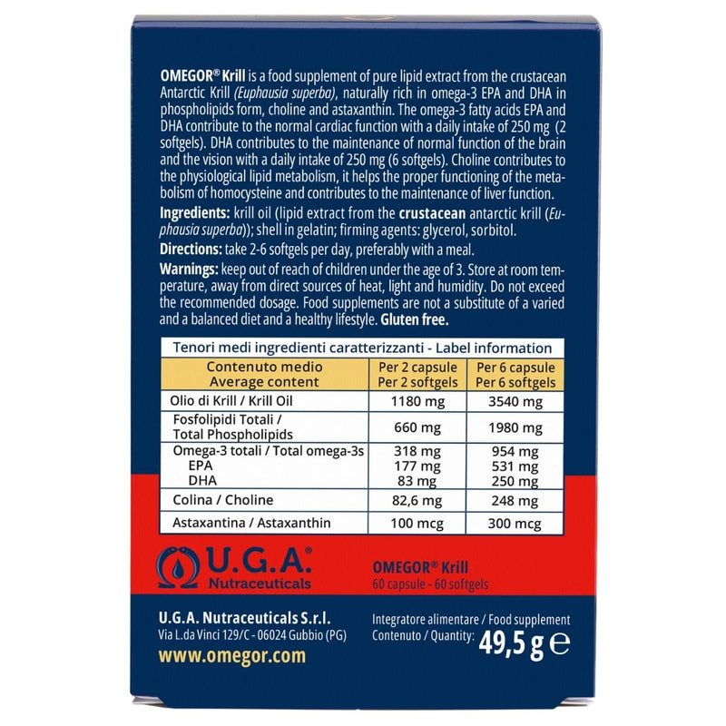 OMEGOR Krill Oil Capsules Omega 3 - Antartic Krill Oil with EPA, DHA, Astaxanthin, Choline, Phospholipids - High Bioavailability and No Aftertaste (60 Softgel Caps) Krill+D3