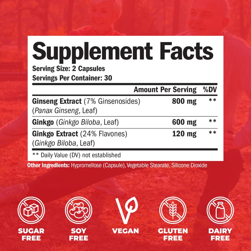 [Australia] - Ginseng + Ginkgo Biloba Supplements. Extra Strength Nootropics Brain Support Supplement for Memory & Focus with Panax Ginseng Root Extract Powder 800mg + Gingko 600mg + Ginkgo Biloba Extract 120mg 60 Count (Pack of 1) 