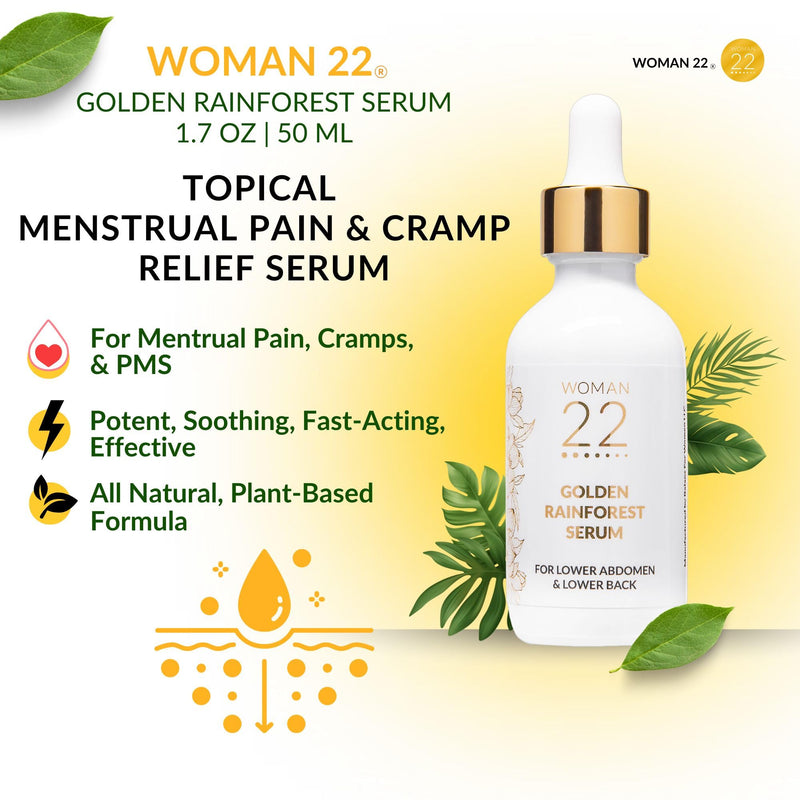 [Australia] - Period Pain Relief Serum | For Cramps, Bloating, PMS | All Natural | Soothing, Fast-Acting Relief for Menstrual Discomfort | No Hormones, Non-GMO Formula | Woman 22¬Æ Golden Rainforest Serum 2 oz 