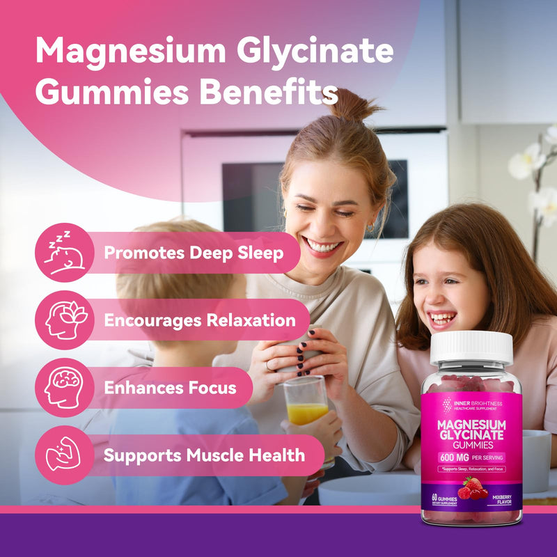 [Australia] - Magnesium Glycinate Gummies 600mg, Non-GMO, Gluten-Free, Magnesium Gummies for Adults & Kids, Sleep, Relaxation & Focus, Mixed Berry Flavor, 60 Count 60 Count (Pack of 1) 
