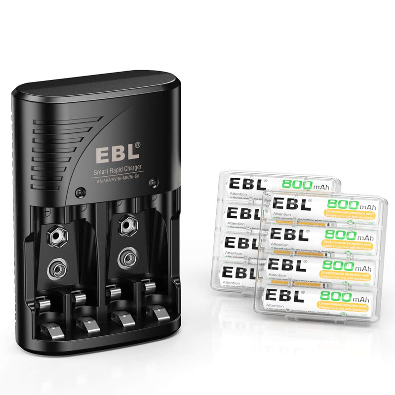 EBL Rechargeable AAA Batteries 800mAh (8 Packs) with Smart Rapid Battery Charger with AC Wall Plug for AA AAA 9V Ni-MH Ni-CD Rechargeable Batteries 802 Charger + 8 AAA