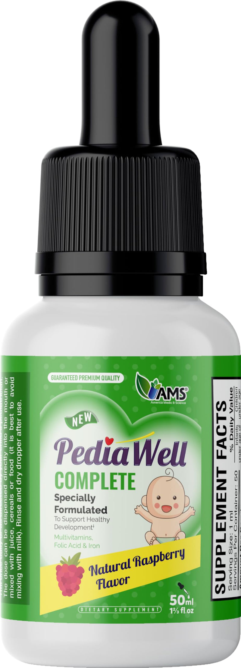 America Medic & Science PediaWell Complete (50mlL) | Liquid Multivitamin for Kids | Iron Supplement with Vitamins A and C for Babies and Toddlers | Vitamin Drops for Enhanced Growth and Development Complete, Natural Raspberry