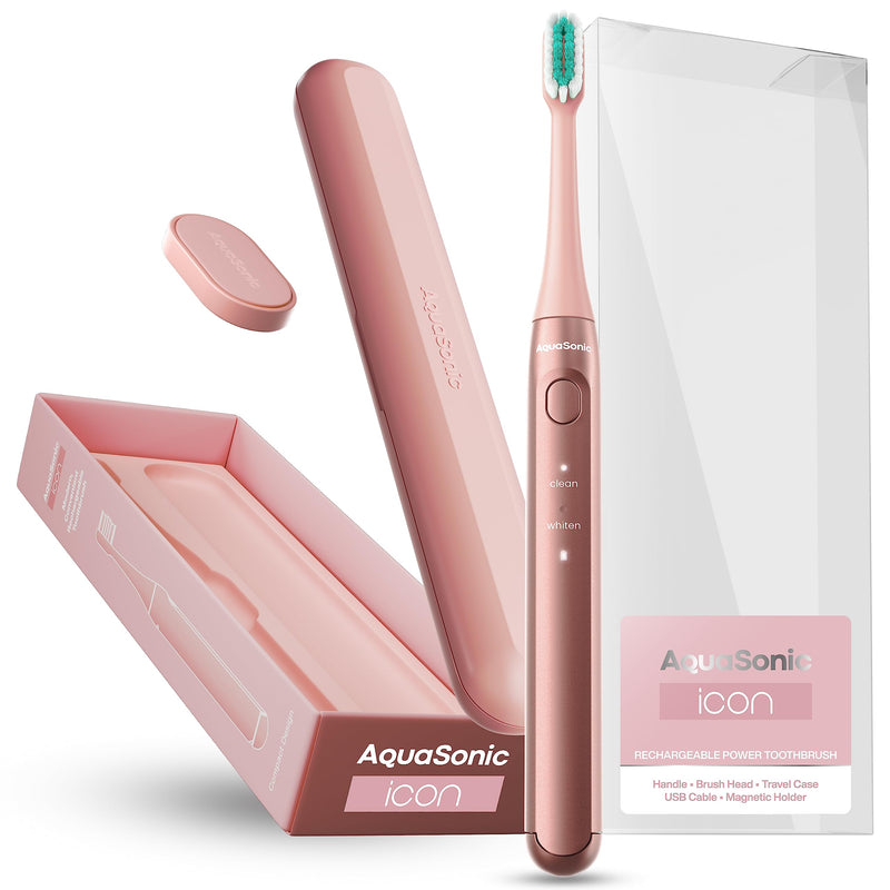 Aquasonic Icon ADA-Accepted Rechargeable Toothbrush | Magnetic Holder & Slim Travel Case | 2 Brushing Modes & Smart Timers | Gentle Micro-Vibrations (Blush) Blush 1 Count (Pack of 1)