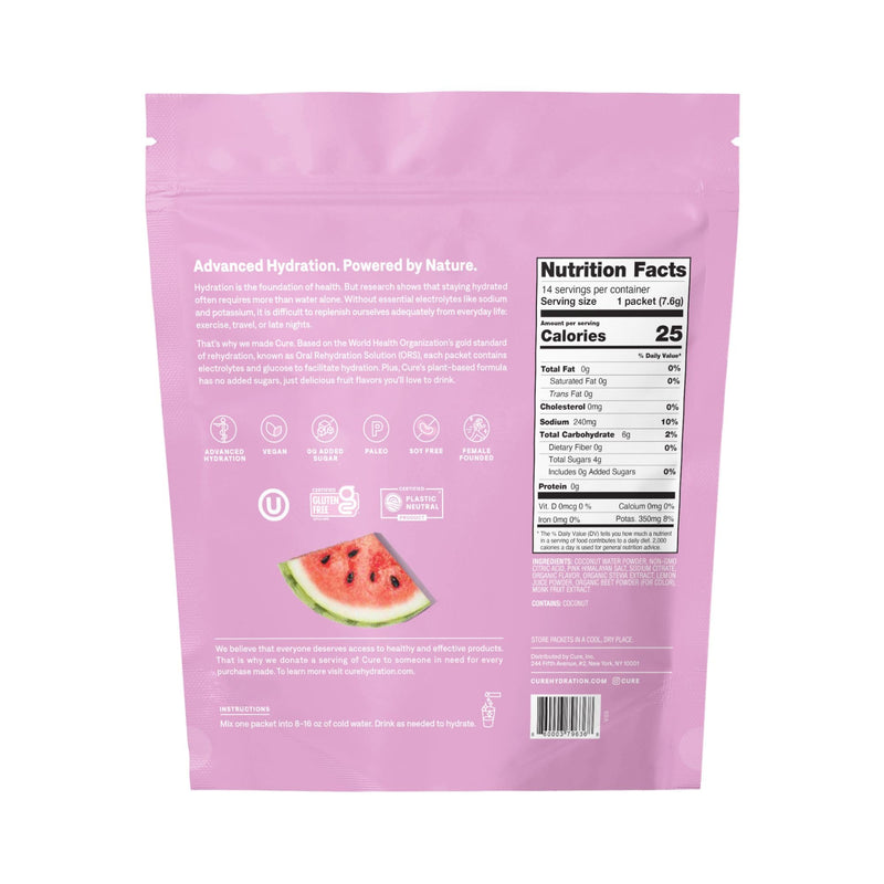 [Australia] - Cure Hydrating Electrolyte Mix | Powder for Dehydration Relief | FSA & HSA Eligible | Made with Coconut Water | No Added Sugar | Vegan | Paleo Friendly | Pouch of 14 Packets - Watermelon Flavor 14 Count (Pack of 1) 