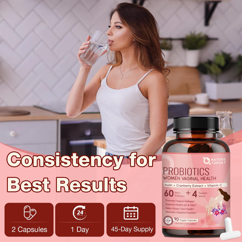 NATURE TARGET Vaginal Probiotics for Women pH Balance, 90 Vegan Capsules | with Prebiotics, Cranberry & Vitamin C, Support Odor Control, Flora Balance, Urinary & Digestive Health 90 Count (Pack of 1)