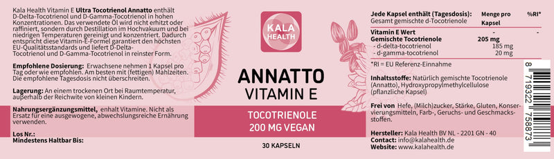 [Australia] - Annatto Tocotrienols 200mg Vegan Kala Health Vitamin E supplement, free from tocopherol, Eannatto capsules without PAHs and pollutants - non-GMO and antioxidant (30) 30 