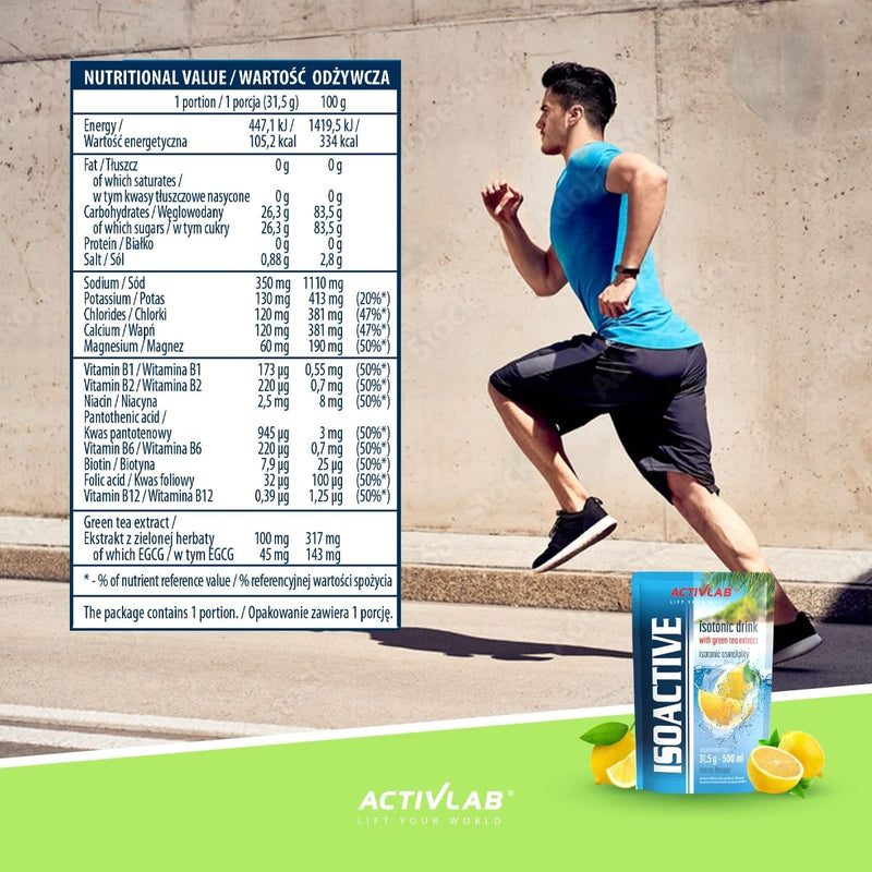 [Australia] - Activlab Isoactive Isotonic Drink | with GREEN TEA | Electrolytes | B vitamins | 20 x 31.5g | Lemon with green tea | 500 ml of a sports drink | practical bag | 3x laboratory tested 20 portions (pack of 20) 