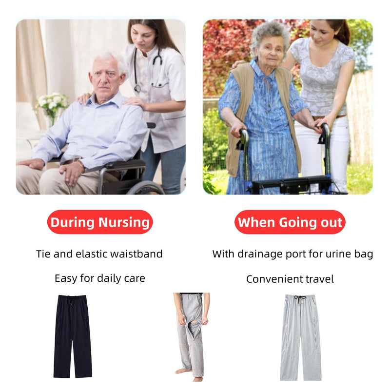 [Australia] - Catheter Leg Bag Pants for Men/Women,Pants for bedridden Patients,Catheter Clothing,Cotton Pants for Urine Bags After Surgery,Drainage Bags Can Be Hidden in Pants Grey Medium 