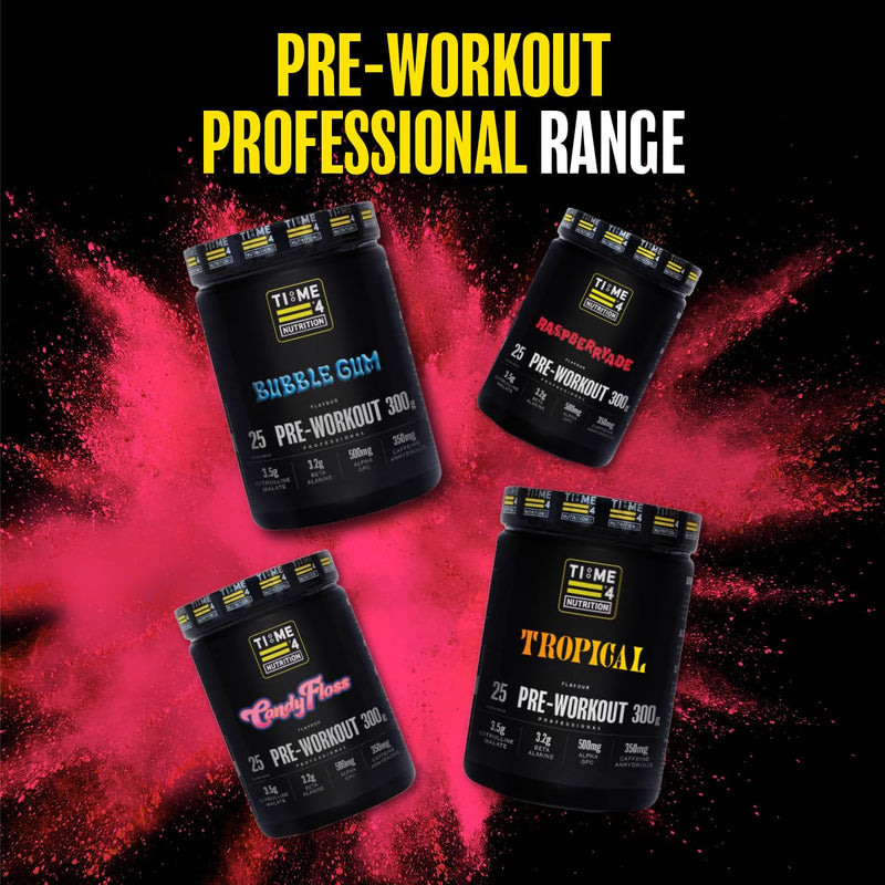 Time 4 Pre Workout Professional High Strength Vegan Pre Workout Powder for Men & Women Energy Drink Zero Sugar with L Citrulline Malate, Beta Alanine, L-Tyrosine, Alpha GPC, Theacrine (Raspberryade) Raspberryade