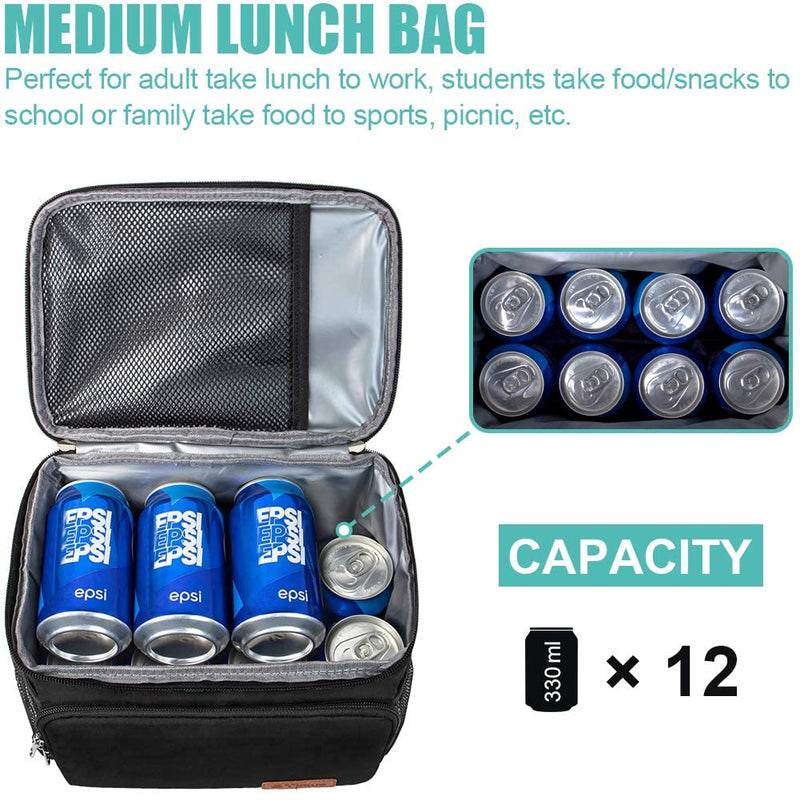 [Australia] - Tiblue Insulated Lunch Bag for Women/Men - Reusable Lunch Box for Office Work School Picnic Beach - Leakproof Freezable Cooler Bag with Adjustable Shoulder Strap for Kids/Adult(Medium,Black) Medium Black 