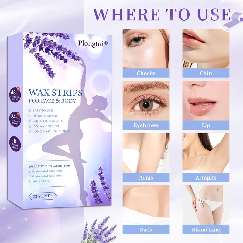 [Australia] - 72PCS Wax Strips for Hair Removal, 48 Body & 24 Face Wax Strips with 8 calming Oil Wipes, At Home Waxing Kit for Women & Men - Body, Arms, Legs, Back, Bikini & Brazilian, Hypoallergenic All Skin Types 1 Count (Pack of 72) 