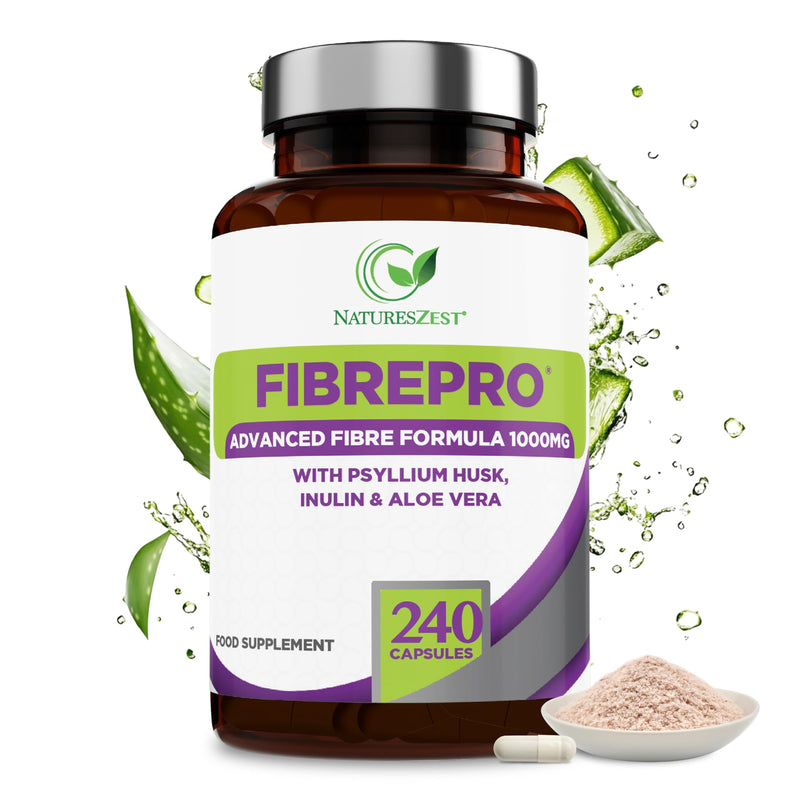 FibrePro 1000mg - Fibre Supplement -240 Psyllium Husk Capsules | High Strength Fiber Supplement Enriched with Prebiotic Inulin, Aloe Vera & Flaxseed | Vegan, Non GMO| UK Made - 4 Month Supply