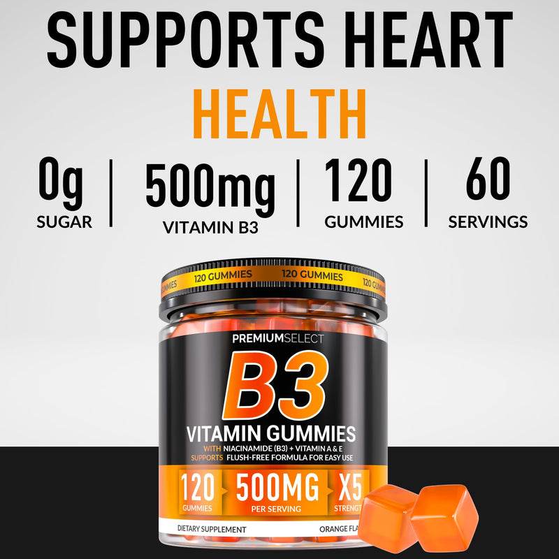 Vitamin B3 Gummies Niacinamide 500mg – Flush-Free Niacin Supplement with Vitamins A & E – 120 Vegan Gummies for Adults – Non-GMO, Sugar-Free, Gluten-Free – 2-Month Supply