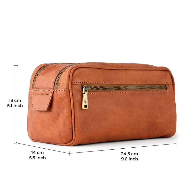BERLINER BAGS Vintage Genuine Leather Toiletry Bag For Men Tim M, Brown | Leather Travel Bag, Large Capacity, 2 Zippered Compartments, Leather Handles, Cosmetics Bag for Men and Women Brown M