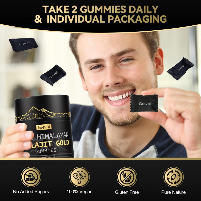 [Australia] - Pure Himalayan Shilajit Gummies: Gold Grade Shilajit Riched with Ashwagandha Fulvic Acid & 85+ Trace Minerals - No Added Sugar - Individually Wrapped - for Men & Women - 60 Gummy 60 Count (Pack of 1) 