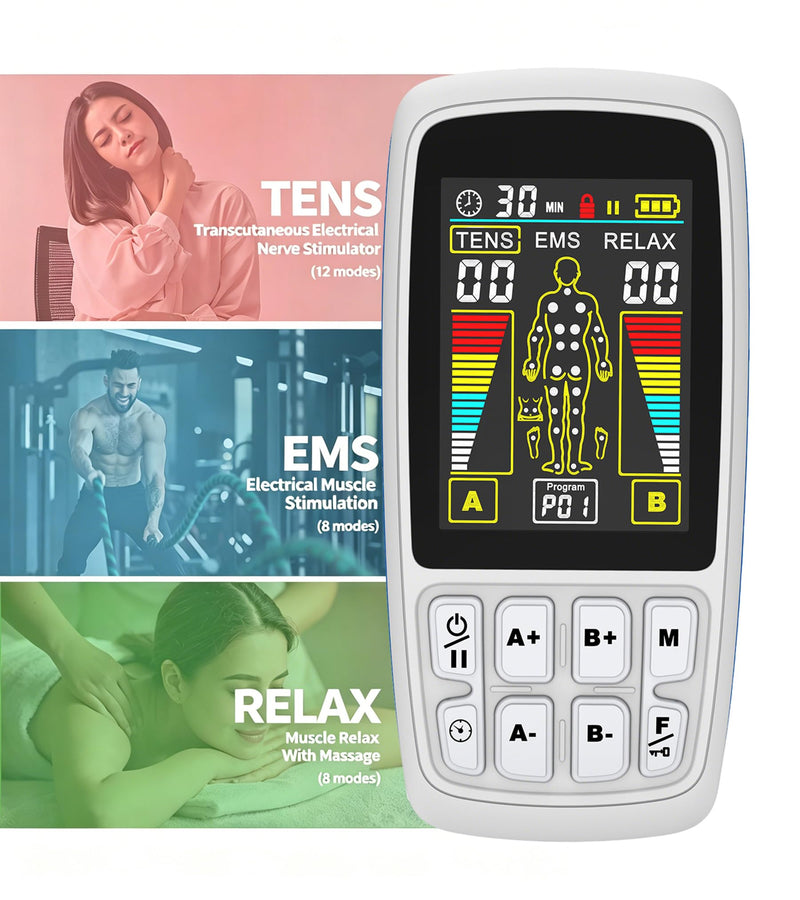 TENS Unit EMS Muscle Stimulator, 3-in-1 Dual Channel Electronic Pulse TENS Machine with Clear LCD Screen, 28 Modes Rechargeable Pain Relief Machine for Back, Sciatica, Neck, Knee & Muscle Soreness | 3-in-1& 28 Modes& 40 intensity