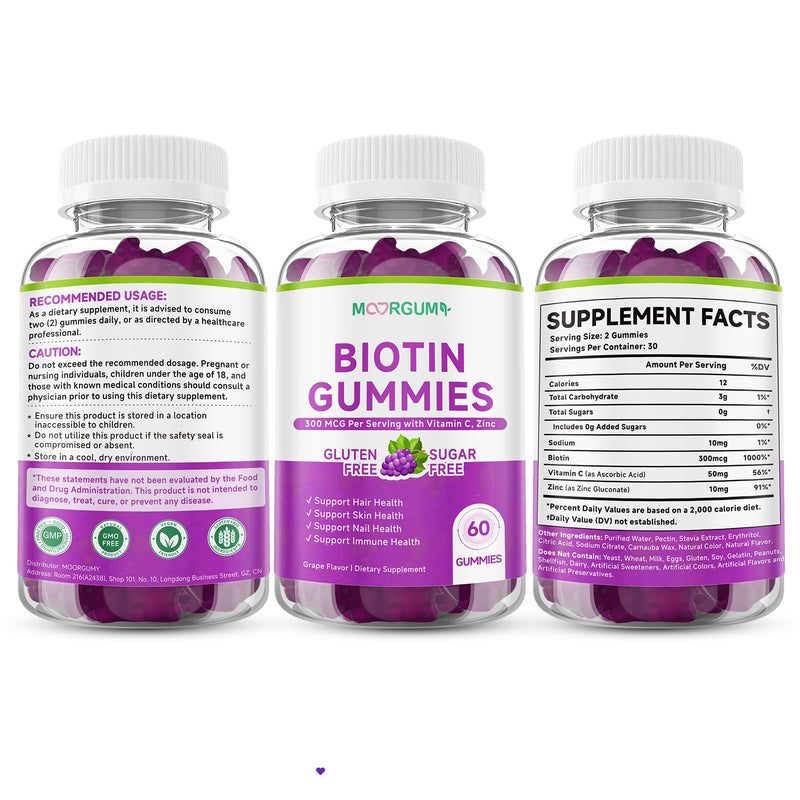 Sugar Free Biotin Hair, Skin & Nails Gummies, Supports Healthy Hair, Skin and Stronger Nails, with Vitamin C, Zinc Chewable Vitamin B7 Supplements for Women & Men, Vegan, Non-GMO, Grape, 60 Count 60 Count (Pack of 1)