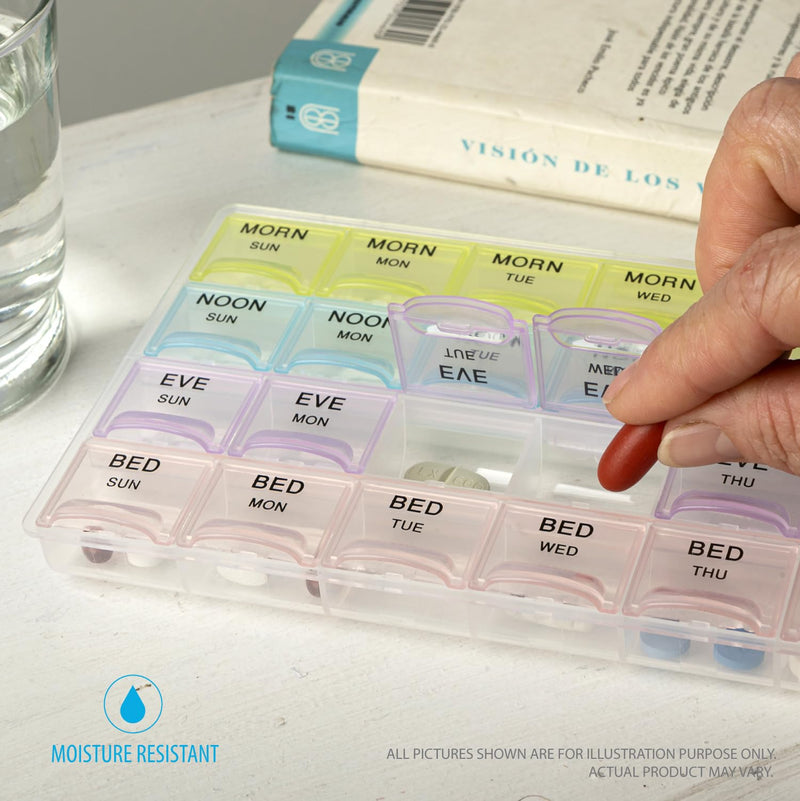 Deke Home - Pill Organizer 4 Times a Day, Weekly Medicine Box with Morning, Noon, Evening, Bed Compartments, Large, Translucent, Easy-to-Open Pill Case, 7-Day Travel Medication Organizer for Vitamins. 1 Count (Pack of 1)