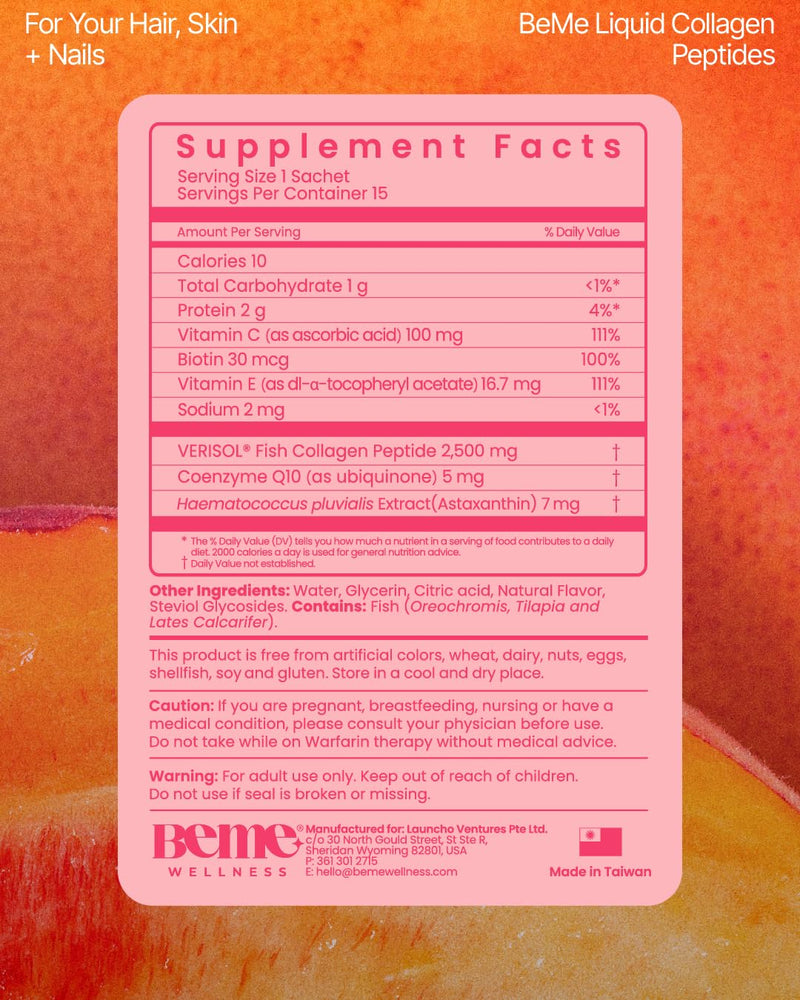 BeMe Liquid Collagen for Women | 2500mg VERISOL + Biotin | 30 Sachets | 2,500mg per sachet + biotin | 30-day supply | No added sugar | Third-party tested Peach 21 Fl Oz (Pack of 1)