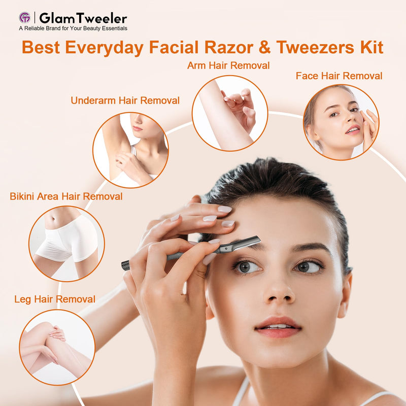 Women's Dermaplane Face & Eyebrow Razor Kit with GlamTweeler Slant Tweezers, Spoolie Brush, and Luxury Leather Storage & Travel Case + 10 Refill Blades (Black) Black
