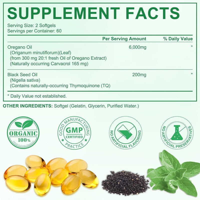 Oil of Oregano with Black Seed Oil, 2 in 1 6000mg Oregano Oil Capsules Organic,165mg Carvacrol, Easy to Swallow, Plant Based, Non-GMO, Gluten Free & Immune Support - 120Count