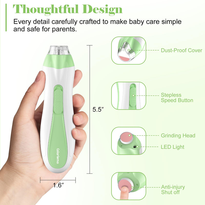 [Australia] - Rechargeable Baby Nail Trimmer Electric Baby Nail File, 15-in-1 Safe & Easy Nail Clippers Filer Buffer Kit with Dust Cover LED Light for Newborn Infant Toddler Adult Toes Fingernails, Green Baby Green 