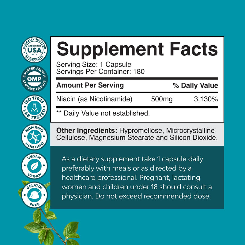 Nicotinamide 500mg Niacinamide 500mg Vitamin B3, Niacin Alternative - 180ct | Vitamin B3 as nicotinamide niacinamide supplement, 500mg per serving to support skin, cellular & metabolic health 180 Count (Pack of 1)