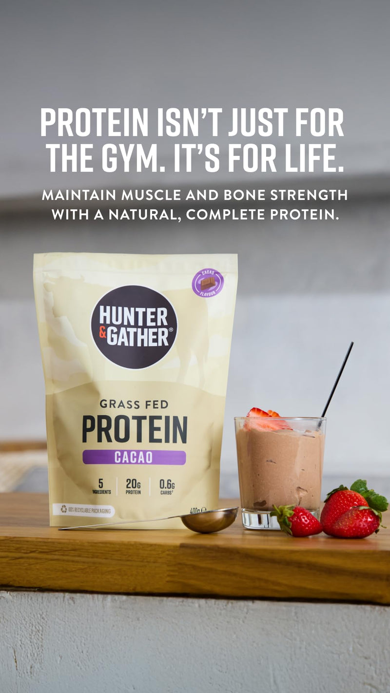 Hunter & Gather Cacao Grass Fed Beef Protein Powder 400g | 20g Protein per Serving | No Artificial Sweeteners or Fillers | Lean Muscle Growth | Dairy Free | Naturally Easy to Digest