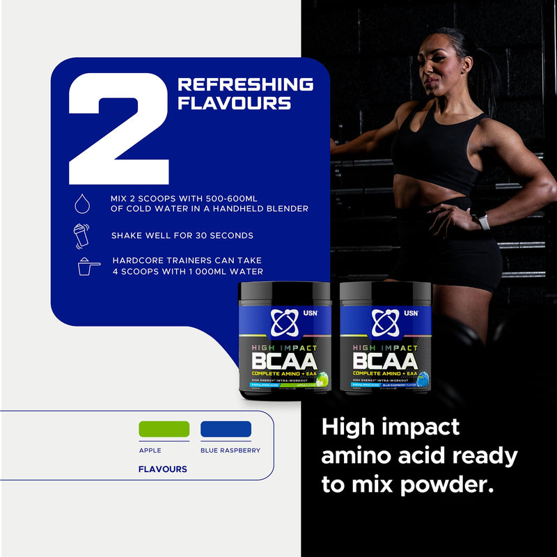 USN Complete Amino & EAA Intra Workout Powder, Blue Raspberry Flavour - 400g, Vegan Energy Drink, Premium BCAA Amino Acids & Glutamine Recovery Drink, High Impact Pre Workout & Post Workout Shake 400 g (Pack of 1)