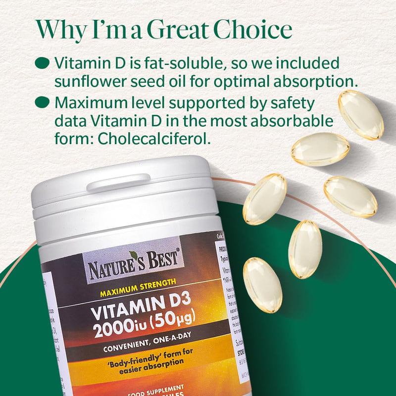 Nature's Best Vitamin D3 2000iu - High Strength & Highly Absorbable Supplement - UK Made - 180 Capsules (6 Months' Supply)