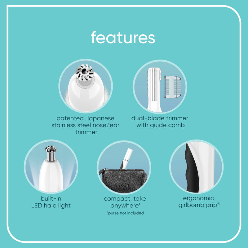 [Australia] - Conair GIRLBOMB Nose Hair Trimmer for Women, Battery-Operated Face Hair Removal for Women, Diamond-Shaped 360° Beveled Blade, LED Light, Packaging May Vary, White 1 Count (Pack of 1) 