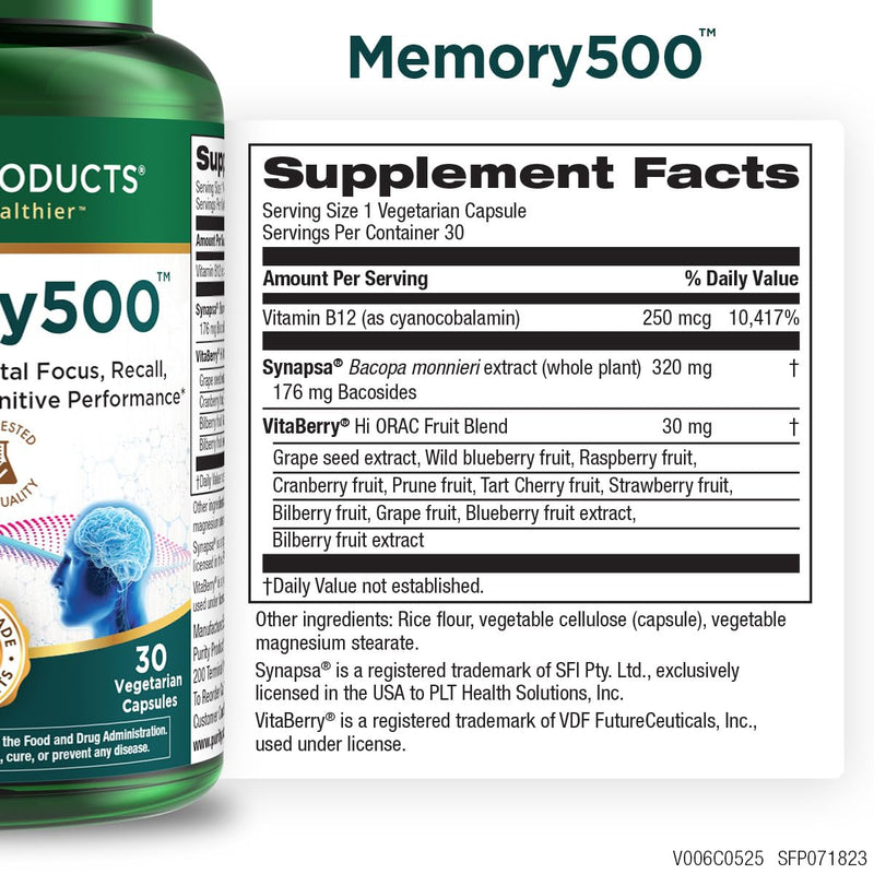[Australia] - Purity Products Memory500 Bacopa monniera/Brahmi Elite Nootropic Complex - Supports Peak Cognitive Performance*, Increased Learning Speed* and Healthy Memory & Recall* - 30 Vegetarian Caps 