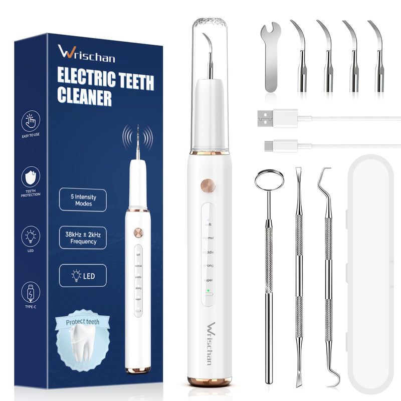 [Australia] - Wrischan tartar remover, teeth cleaning set with UV lamp, 5 adjustable modes and 4 interchangeable cleaning heads, tooth cleaning set, stain removal for dental care at home 