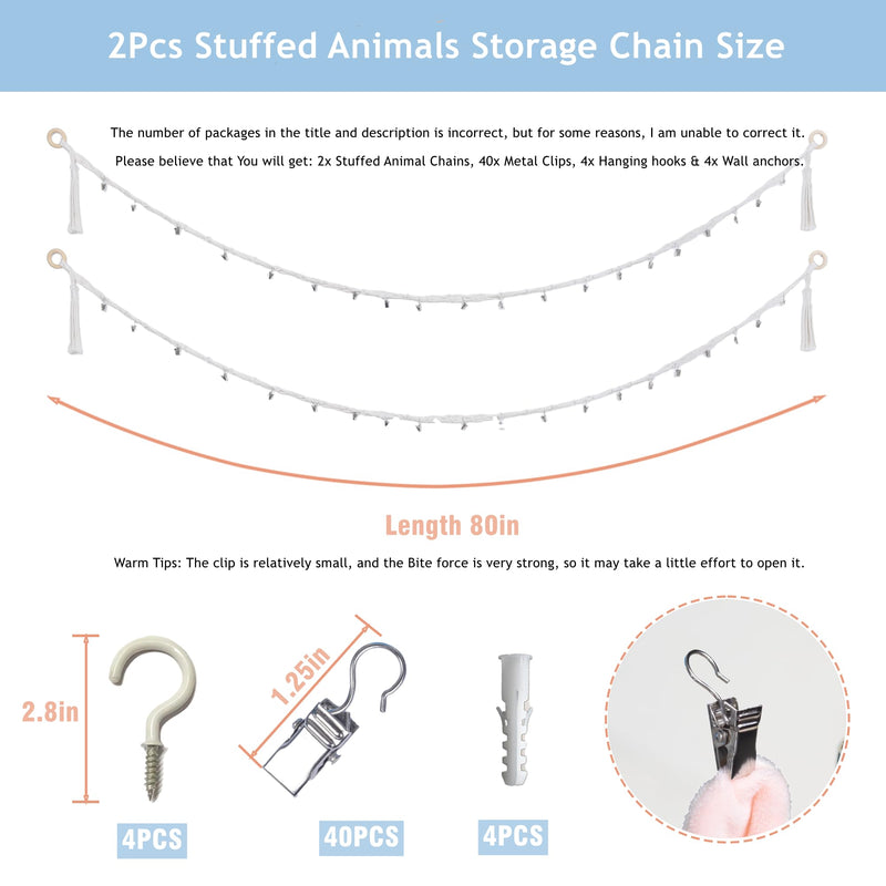 [Australia] - 80" Cotton Hanging Storage Chain For Stuffed Animals Storage with 20 Metal Clips Stuffed Animal Display Holder Chain for Wall or Corner Nursery Play Room 